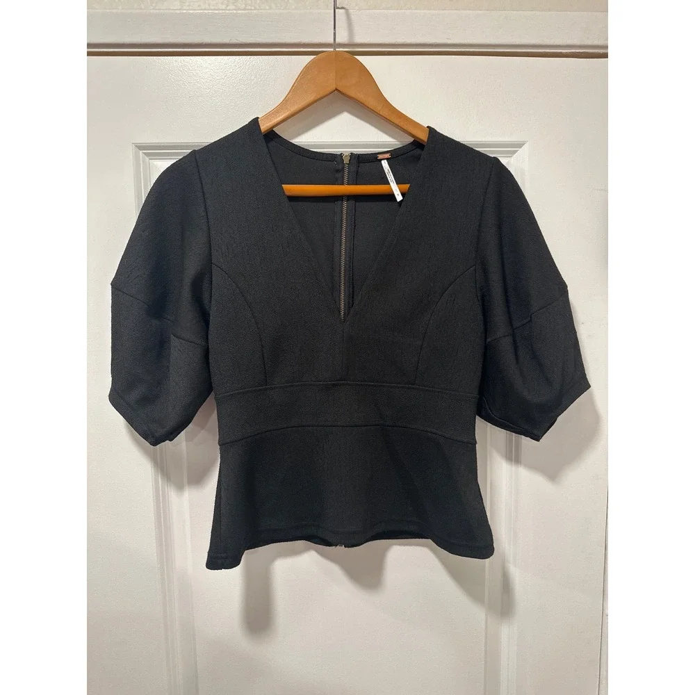 Free People Black Puff Sleeve‎ Peplum Top V-Neck Zip Back Blouse Small